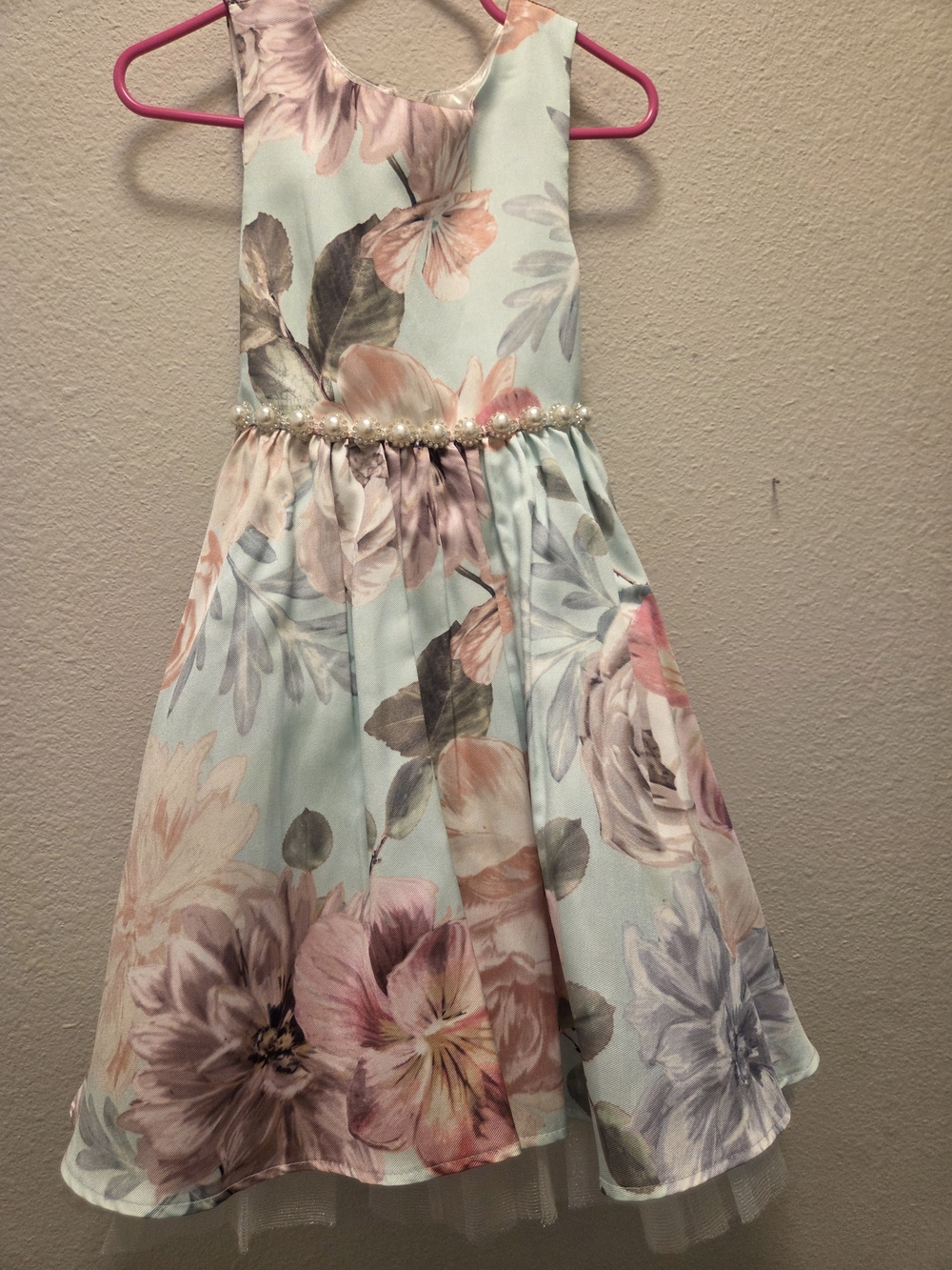Pearl-Waist Floral Girls Dress in Light Blue & Pink
